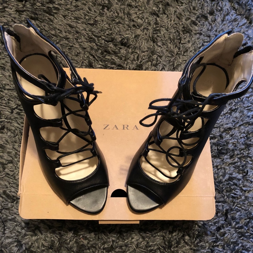 Zara Authentic Leather Lace Up Open Toe Bootie